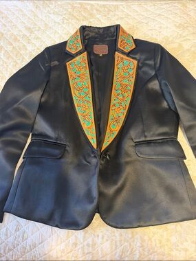 Black Blazer with Turquoise & Orange Embroidered Lapel